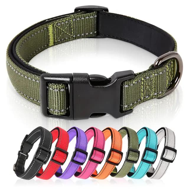 HEELE Collar Perro, Collar Nylon Reflectante Neopreno Forrado Ajustable para Perro Mediano, Verde, M