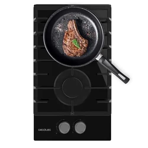 Cecotec Placa de Gas 2 Fuegos Bolero Squad GN 2200F Glass Black. Preparada para Gas Natural, Cristal Negro, Parrillas Individuales de Hierro Fundido, Quemador Wok, Seguridad Válvulas