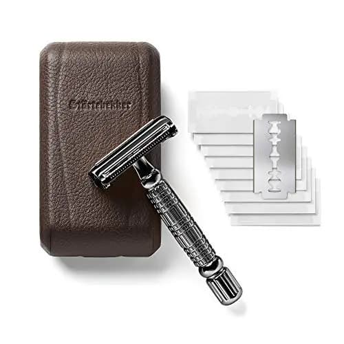 Maquinilla de afeitar clásica en estuche de cuero hecho a mano [+ 10 hojas Störtebekker] - Cuchilla de afeitar de primera calidad - Set de afeitado con espejo integrado (Negro - Café)
