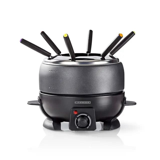 Melissa Set de Fondue - Eléctrico, 2,3 L de capacidad, 800W - 6 tenedores de colores - Antiadherente - Temperatura ajustable - Asas de tacto frío - Para 6 personas