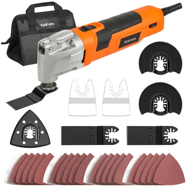 Yunirvana Multiherramienta Oscilante 300W, Herramienta multifunción 15000-22000RPM con ángulo de oscilación de 3°, 6 Velocidades,con 32 Accesorios de accesorios y bolsa de transportepara