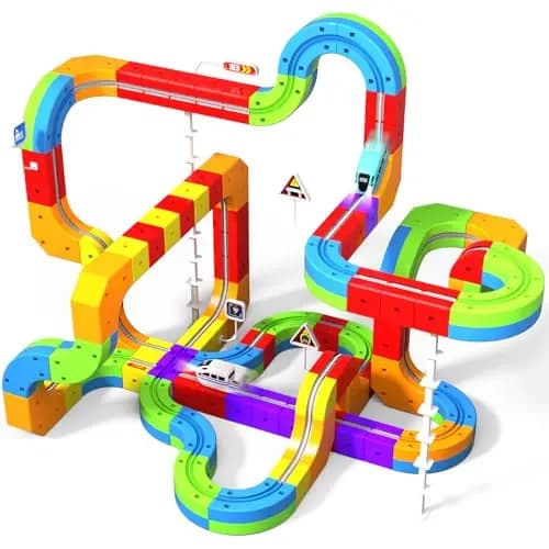 Goody King Tren Eléctrico Juguete Niños 110 Piezas - 3D Vía Magnética con Señales de Tráfico - DIY Pistas de Cubos Magnéticos Incluye Trenes, Creativo Juego de Construcción Regalo para Niños 4-12 Años