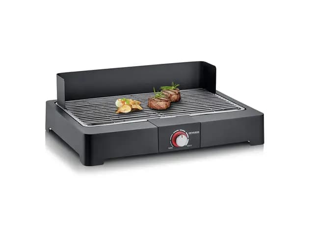 Severin Barbacoa de mesa con parrilla de acero inoxidable para interior y exterior, parrilla eléctrica con arranque rápido, mini barbacoa sin riesgo de quemaduras, negro, PG 8565