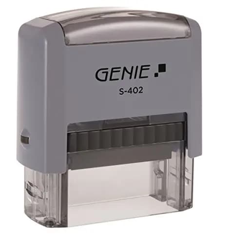 Genie S-402 - Juego de sellos autoentintados (hasta 4 líneas; personalizable; incluye accesorios; almohadilla de tinta), color negro y gris