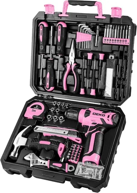 DEKO Caja Herramientas Completa con Destornillador Electrico/Taladro con bateria de 8V, Maletin de 126 Piezas, Caja profesional de herramientas Domésticas de Bricolaje para Oficinas y Jardín,Rosa