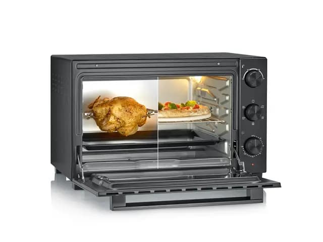 Severin Horno de sobremesa con función de convección, incluye asador giratorio para carne, horno de convección de 46 litros de capacidad, 100-230°C, temporizador de 120 minutos, 1800 W, negro, TO 9025