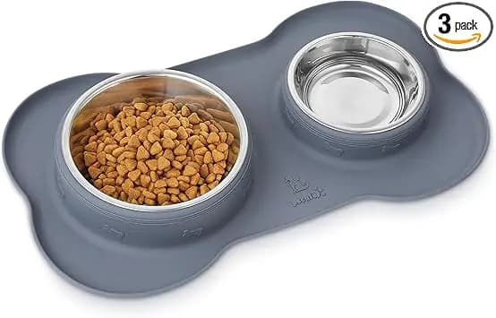 Pecute Comedero Perro y Gato, 3-in-1 Bebedero para Gatos Perros, Mascotas Pequeño de Acero Inoxidable Extraíble de Acero, Base de Silicona Antideslizante (400ml/13.5oz + 200ml/6.8oz)