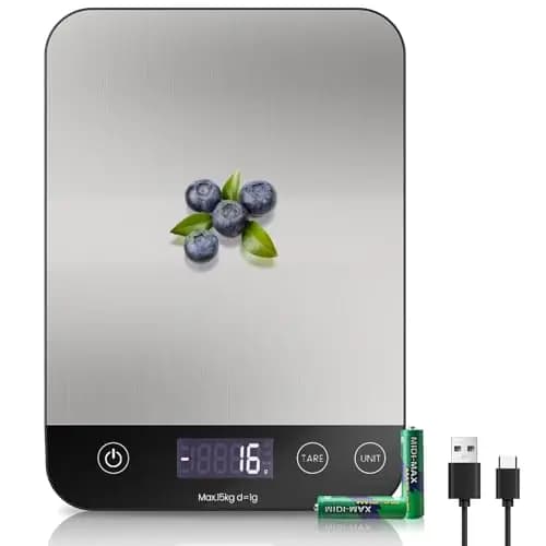 [ Recargable y 15KG ] Bascula Cocina Digital de, Balanza Cocina USB C de Acero Inoxidable, Peso de Cocina Precisión de 1g, Bascula de Cocina Multifuncional con Función de Tara