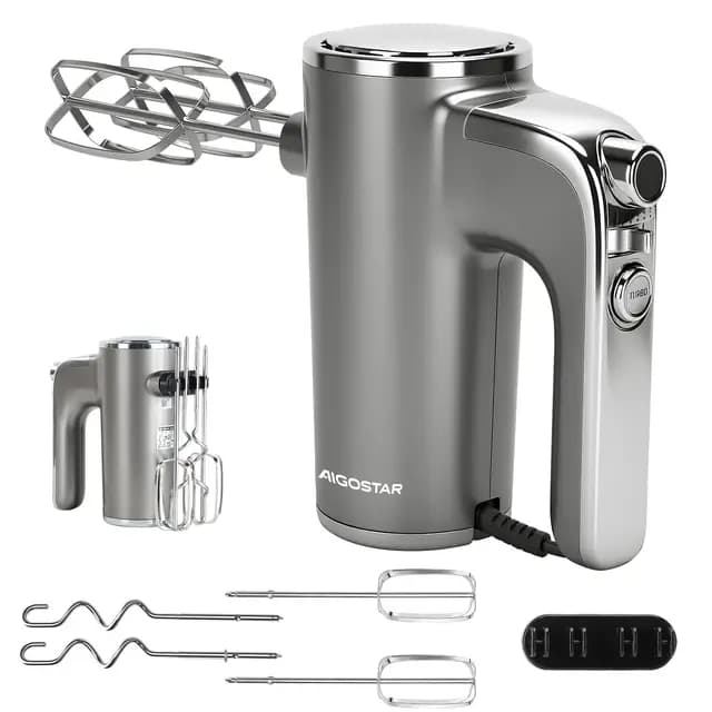 Aigostar Batidora de Varillas 400 W con 5 Velocidades y Función Turbo, 2 Varillas y 2 Ganchos, Batidora Amasadora Reposteria de acero inoxidable, Soporte de Almacenamiento. Adela