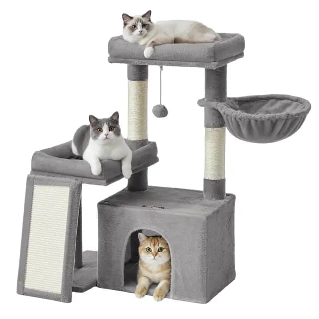 Feandrea Árbol para Gatos, Torre de Juegos con 2 Camas Grandes, Postes Rascadores y Rampa, 85,8 cm de Altura, Gris Paloma PCT013GD01