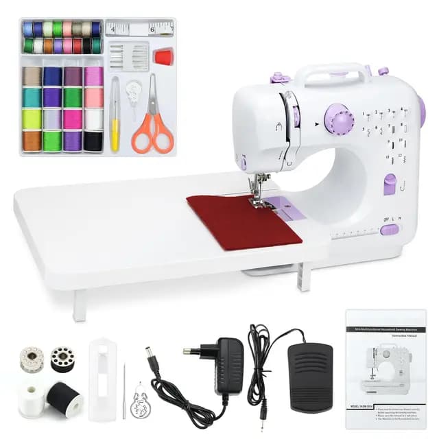 Máquina de Coser para Principiantes con Kit de 40 Piezas, 12 Puntadas Integradas, Doble Alimentación (Corriente/Pilas), Velocidad Variable, Luz LED, Enhebradora Automática, Violeta