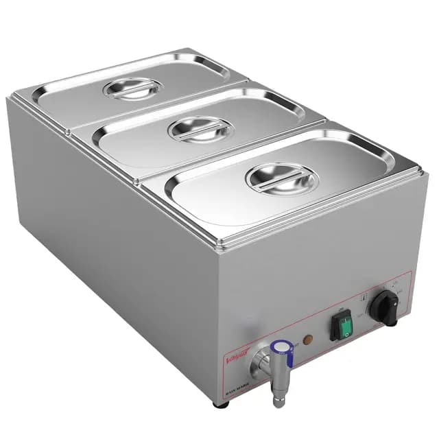 Valgus Calentador de Vapor eléctrico de sobremesa Commercial Stainless Steel 3 Sections 16L Bain Marie con Tapa y Grifo para Fiestas, Banquetes y Catering