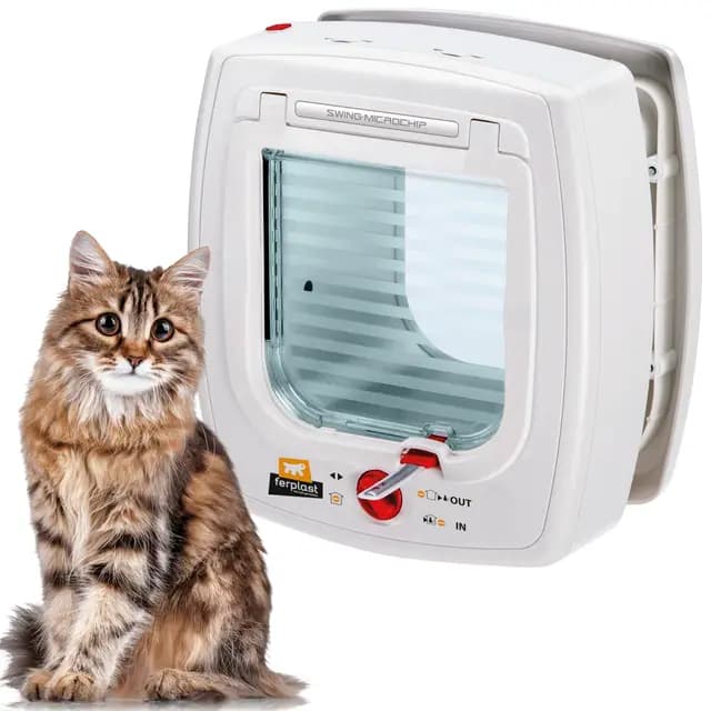 Ferplast Gatera Microchip, Puerta para Gatos, Collar Gato Incluido, Entrada y Salida controlables 4 vías, Protección contra Corrientes de Aire, Swing Microchip, Blanco