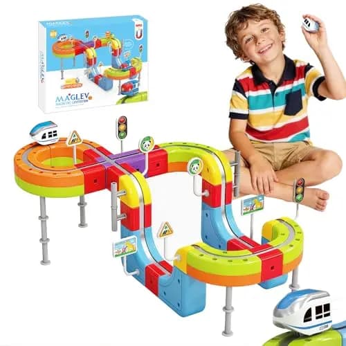 Tren Eléctrico Juguete 70 Piezas, Kit de Vías de Cubos 3D DIY con Trenes Electricos, Creativo Juego de Construcción, Regalo para Niños 3-12 Años
