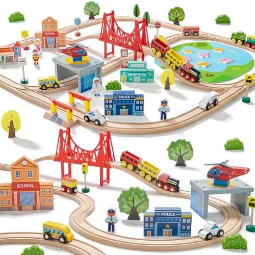 Juego de tren de madera, 110 piezas, pistas de tren de madera y trenes para niños, se adapta a Thomas, Brio, Melissa y Doug - Juguete de tren para niñas y niños de 3 a 4 a 5 años