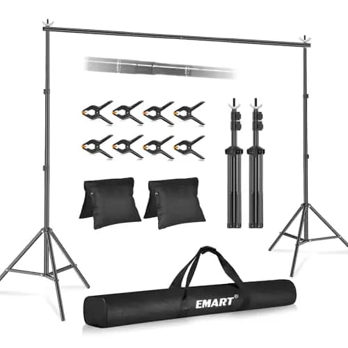 EMART 2,6m x 3m Kit de Sistema de Soporte de Fondo Ajustable con 8 Pinzas y 2 Bolsas de Arena para Retrato, Fotografía de Productos y Grabación de Video