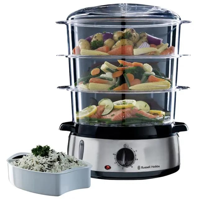 Russell Hobbs 19270-56 - Vaporera de 3 recipientes con temporizador, 800 W, incluye cubeta para arroz, color negro y plateado, libre de BPA