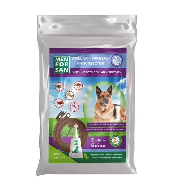 MENFORSAN Pack Mix de Collares y Pipetas Anti-Insectos para Perros, Incluye 2 Collares y 6 pipetas, en Bolsa autocierre – Imagen 1