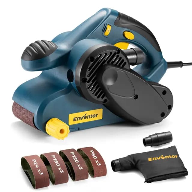 Enventor Lijadora de Banda 950W, 6 Velocidades 120-380m/min, Lijadora Electrica con 12 Bandas de Lija 76 x 533mm (P80, P120, P180,P240), Bolsa Colectora de Polvo