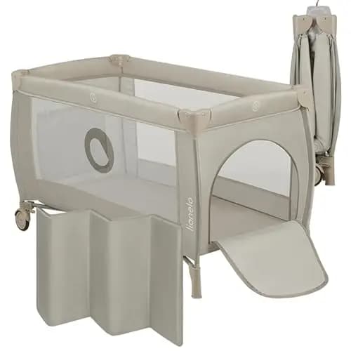 LIONELO Stefi Plus Cuna de Viaje para Bebé con Puerta Lateral, Colchón de Espuma T25 Premium, Plegado Rápido, Bolsa de Transporte y Ruedas (Beige)