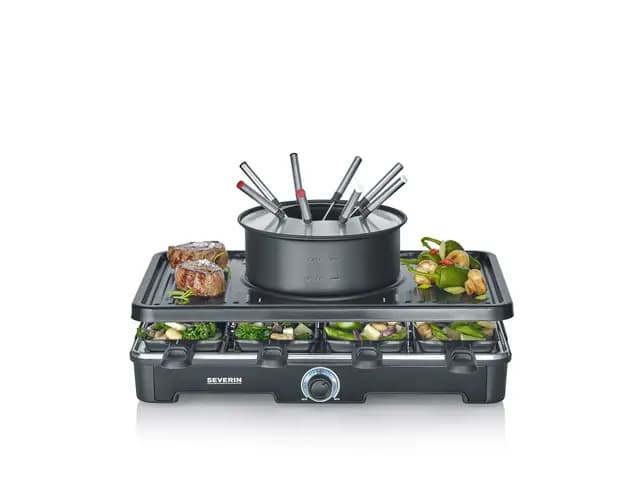SEVERIN Combinación fondue/raclette para 8 personas, parrilla 2 en 1, revestimiento antiadherente, incluye 8 sartenes, raspadores y tenedores para fondue, apto para lavavajillas, RG 2347