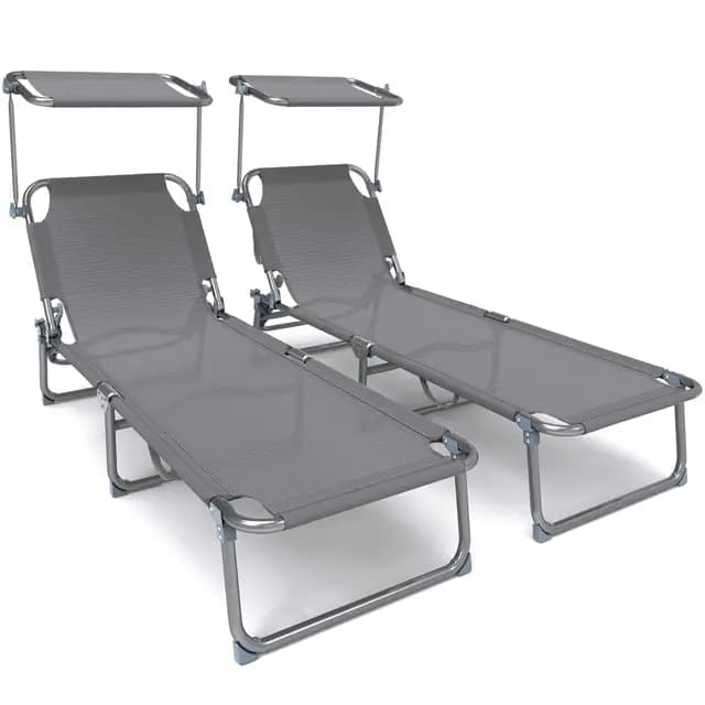 VOUNOT® Juego de 2 Tumbonas Plegables con Parasol, Tumbona Playera Reclinable 4 Posiciones, Estructura Acero y Tejido Textileno, Peso Máx. Soportado 110kg para Piscina, Jardín, Playa 190x58x27cm, Gris