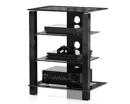 FITUEYES Mueble HiFi Negro con 4 Estantes de Cristal Templado,Mueble HiFi Mesa con 3 Columnas y Gestión de Cable,57 * 42 * 73.9cm