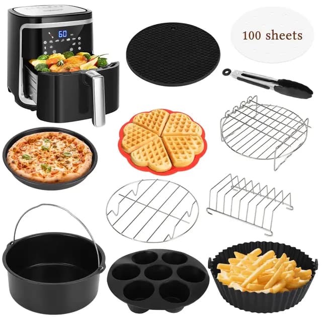 Accesorios freidora de aire, 12 Piezas Airfryer Accesorios Molde Silicona freidora de aire con gofres, Bandeja pizza, Parrilla, Sin BPA, für Aigostar COSORI Cecotec Ninja Philips 5,5L 6L 6,2L 6,5L