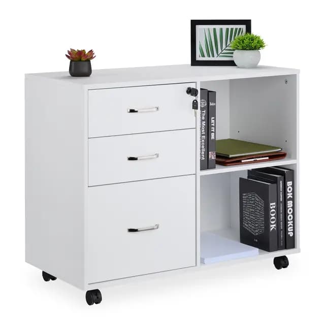 Relaxdays Mueble Archivador, 3 Cajones, 2 Compartimentos, 66x80x40 cm, 4 Ruedas Cajonera Oficina, con Llave, Blanco