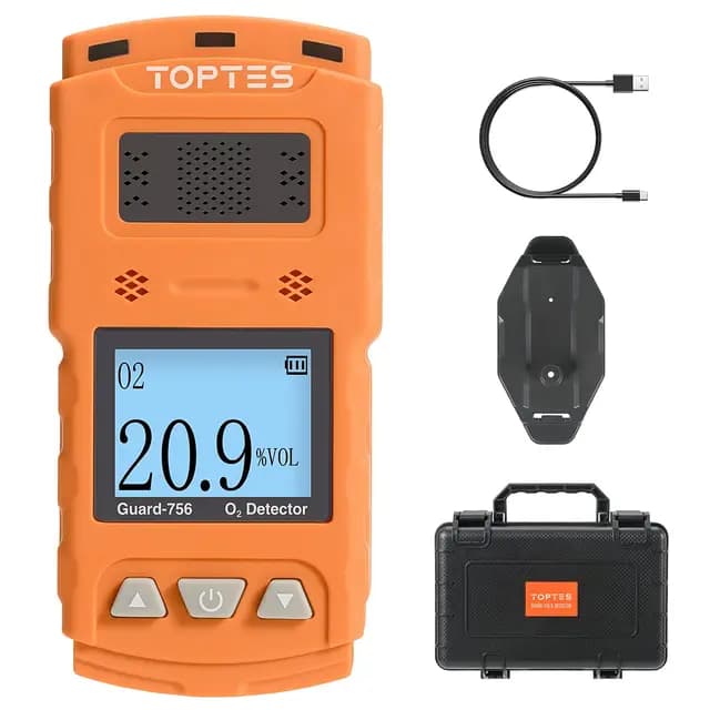TopTes Guard-756 Monitor de O2 Mejorado Detector de Oxígeno Portátil, Respuesta de 0,5s, Recargable, con Alarmas de Vibración, Visuales & Sonoras, a Prueba de Polvo y Explosiones, para Trabajo y Hogar