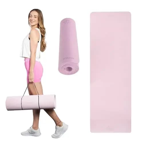 TREXO Esterilla de fitness en rosa, 183 x 61 cm y 10 mm de grosor, de TPE ecológica con superficie antideslizante, esterilla ligera para entrenamiento de fuerza, yoga, pilates y estiramientos