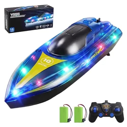 Barco Teledirigido, 2.4GHz Lancha Teledirigida con Luces LED, 2 Baterías, 90+ Mins, Alerta de batería baja, 15KM/H Barco RC para Piscinas Lagos, Juguete acuático para Adultos, niños de 14 años arriba