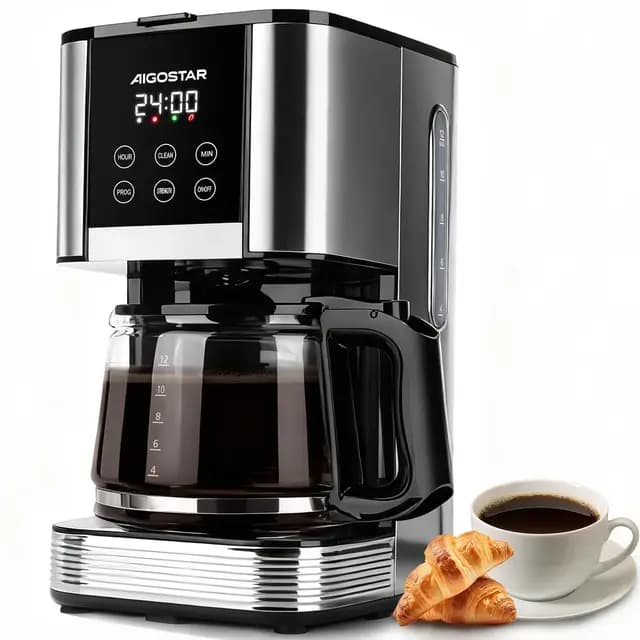 Aigostar Cafetera de Goteo Filtro Programable 24h 1,5L 12 Tazas Acero Inoxidable 1000W Pantalla LCD Ajuste de Intensidad Antigoteo Limpieza Automática Mantenimiento de Calor Negro-Cora – Imagen 1