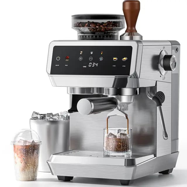 AMZCHEF Cafetera Espresso con Molinillo Integrado 20 Bares – Máquina de Café con 44 Ajustes de Molienda，Vaporizador de Leche, 4 Temperaturas, Función Café Frío, Acero Inoxidable, Depósito 1.8L – Imagen 1