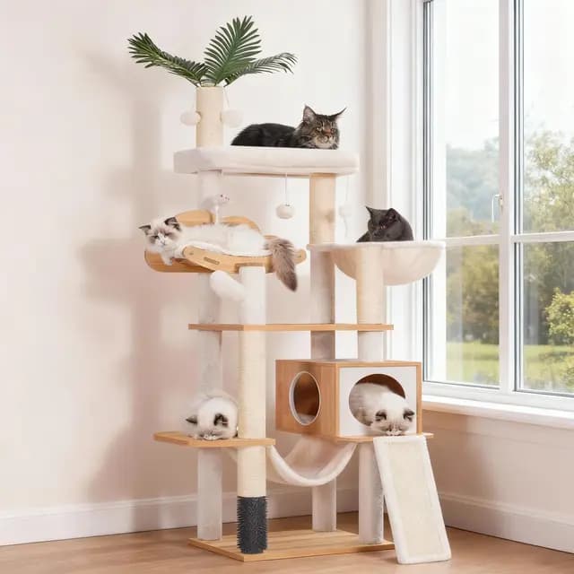 Heybly Árbol para Gatos Moderno, 156 cm de Altura, 4 Niveles, Postes Rascadores, 2 Plataformas, Cuevas, Hamaca, 3 Pompón, Multinivel para Gatos Grandes, Nogal