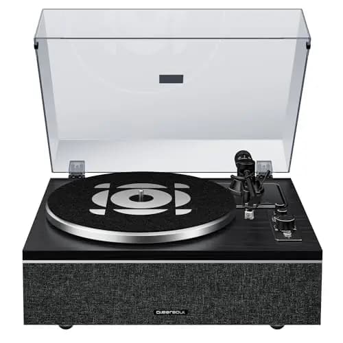 Tocadiscos de Vinilo Qlearsoul One-S Todo-en-Uno con Altavoces Integrados y DSP, Tocadiscos Vintage Bluetooth Entrada/Salida, Preamplificador Phono, Aguja AT-3600L, 33/45 RPM (Negro)