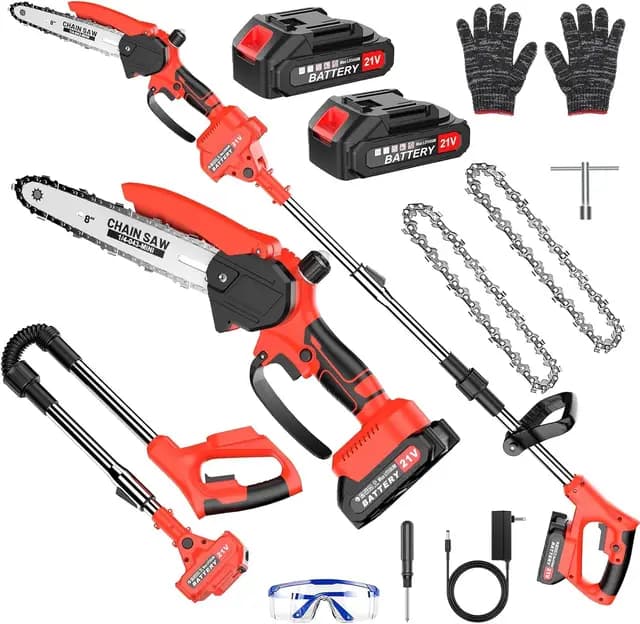 Motosierra Batería Sin Cable, 2 en 1 Mini Motosierra y Podadora de Pértiga, con 2 Baterías de 1500mAh, Sierra de Poda Telescópica Eléctrica, Guantes para Podar Arboles Patio de Jardín árboles