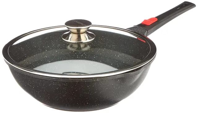 Kamberg Wok 30 cm, mango extraíble, aluminio fundido, revestimiento tipo piedra, tapa de cristal, todo tipo de fuentes de calor, incluida la inducción, sin PFOA