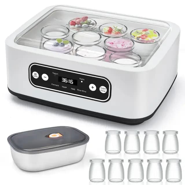 1.6L Yogurtera, Con 9 Latas PortáTiles, 304 Ollas Interiores De Acero Inoxidable, CronóMetro Ajustable Y Calentamiento PTC Para Yogur Casero, Natto, Vino De Arroz Y FermentacióN