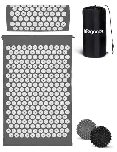 LifeGood Esterilla Acupresion - Eco - Con Cojín, Bolas de Masaje y Bolsa - Almohada - Colchoneta de Acupuntura Relajación y Alivio del Dolor - Flor de Loto - Gris & Bianco