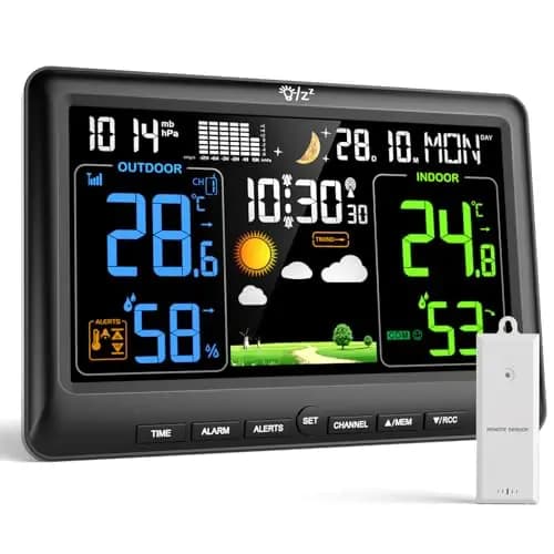 LIORQUE Estacion Meteorologica Interior Exterior, Pantalla Grande a Color, Monitor de Temperatura y Humedad, Presión Atmosférica, Fases Lunares, Reloj Digital con Alarma y Snooze