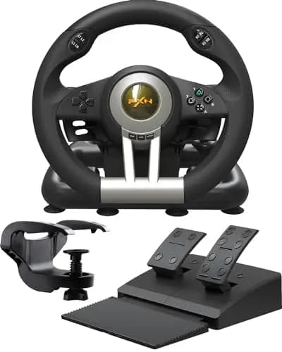 PXN V3 Pro Volante de Juego con Pedales - 180°, Retroalimentación de Vibración, Palanca de Cambios Integrada, Paletas de Cambio - Volante para PC, PS4, PS3, Xbox y N Switch - Negro