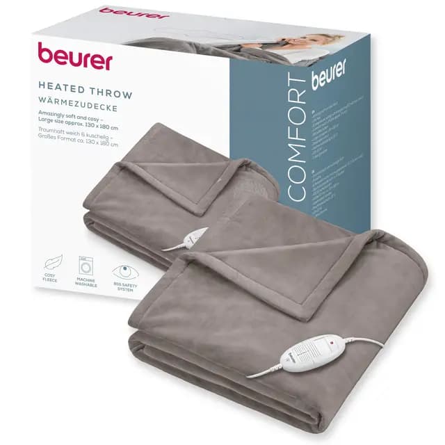 Beurer HD 75 Manta eléctrica, acogedora manta térmica con 6 ajustes de temperatura, sistema de seguridad y desconexión automática, lavable a máquina, color topo, 180 x 130 cm