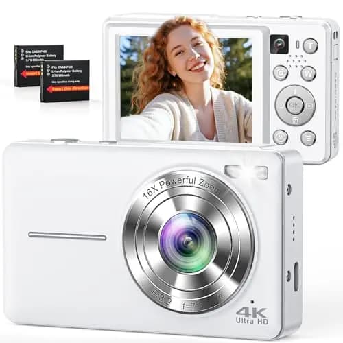 Cámara Digital 4K 64MP, Doble cámara con Enfoque automático, Flash, Zoom 16X, estabilización, Cámara de Fotos compacta para niños, Adolescentes, Adultos y Principiantes (Blanco)