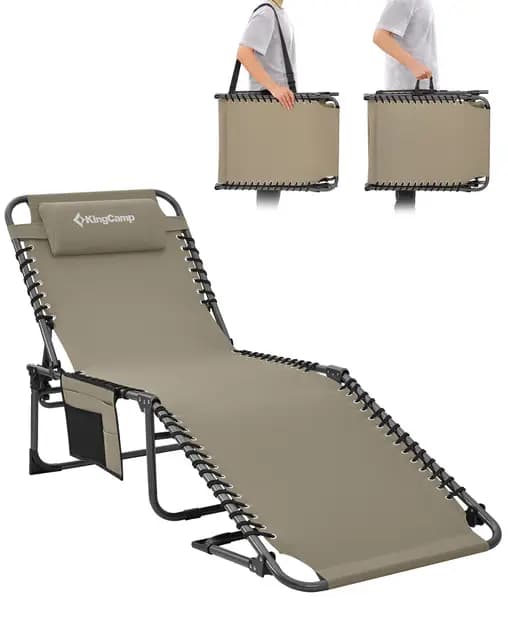 KingCamp Tumbona Plegable Exterior, Tumbona Jardin Respaldo Ajustable en 5 Posiciones, Silla de Jardín, Tumbona de Playa, Cama de Camping con Almohada para Playa Piscina Vacaciones Exterior