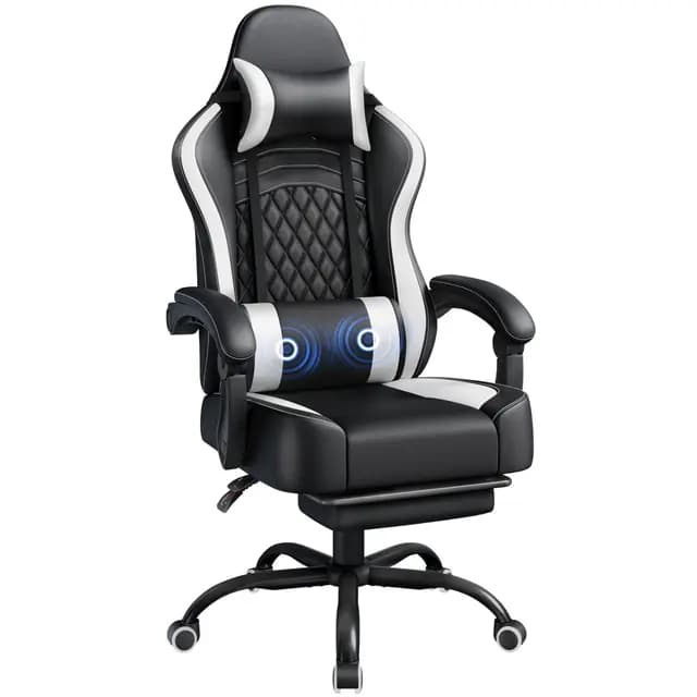 Yaheetech Silla Gaming con Respaldo Alto Almohada Lumbar de Masaje Silla de Escritorio Ergonómica Ajustable en Altura con Reposacabezas Extraíble Reposapiés Función de Inclinación Negro/Blanco – Imagen 1