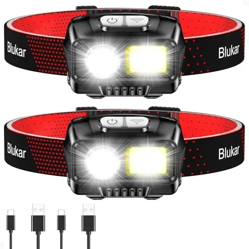 Blukar Linterna Frontal Recargable, [2 Pack] 2000L Super Brillante Linterna Cabeza LED Con Sensor de Movimiento y Luces de Advertencia Rojas, 8 Modos Luz, 30h de Tiempo Ejecución para Correr, Pesca