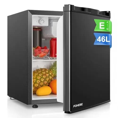 FOHERE Mini Frigorífico Bar 46L, Nevera Pequeña Silencioso, Control de Temperatura Regulable, Mono Puerta, Puerta Reversible, Bajo Consumo para Aplicaciones en Hotel, Hogar, Oficina, Negro