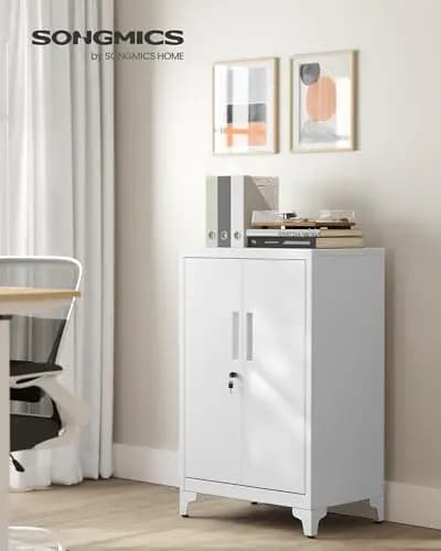 SONGMICS Archivador de Oficina, Armario Multifuncional, 2 Puertas, con Cerradura, Almacenamiento de Acero, para Sala de Estar, Blanco Mate OMC012W01