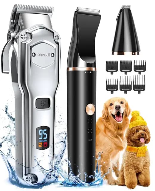 oneisall Premium Maquina Cortar Pelo Perros, IPX7 Todo el Cuerpo Lavable Maquinilla Inalámbrico Cortapelos Apta para largo y pelo grueso (plateado 3 en 1)